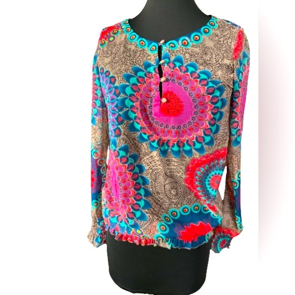 Desigual Annete sheer colorful long sleeve elastic wrist+hem blouse - Picture 1 of 6